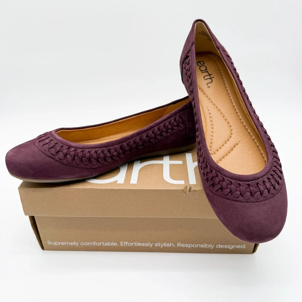 Earth Jett Comfort Ballet Flats Nubuck Suede Woven Detail Purple Burgundy 8 NEW